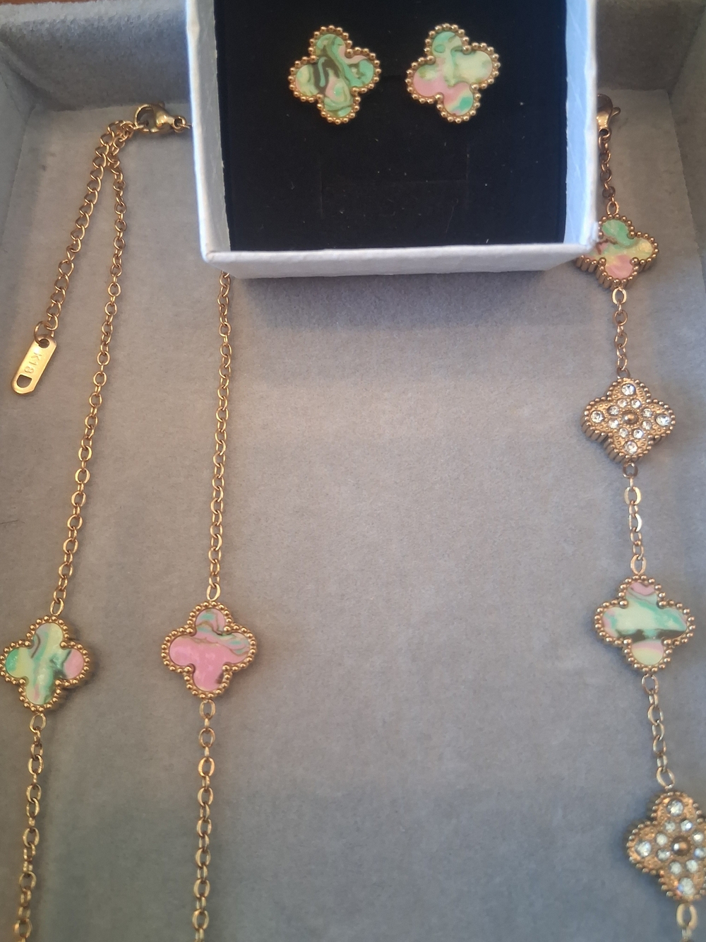Gold Clover Pendant Necklace , Bracelet and Stud Earrings Set - Pink & Green